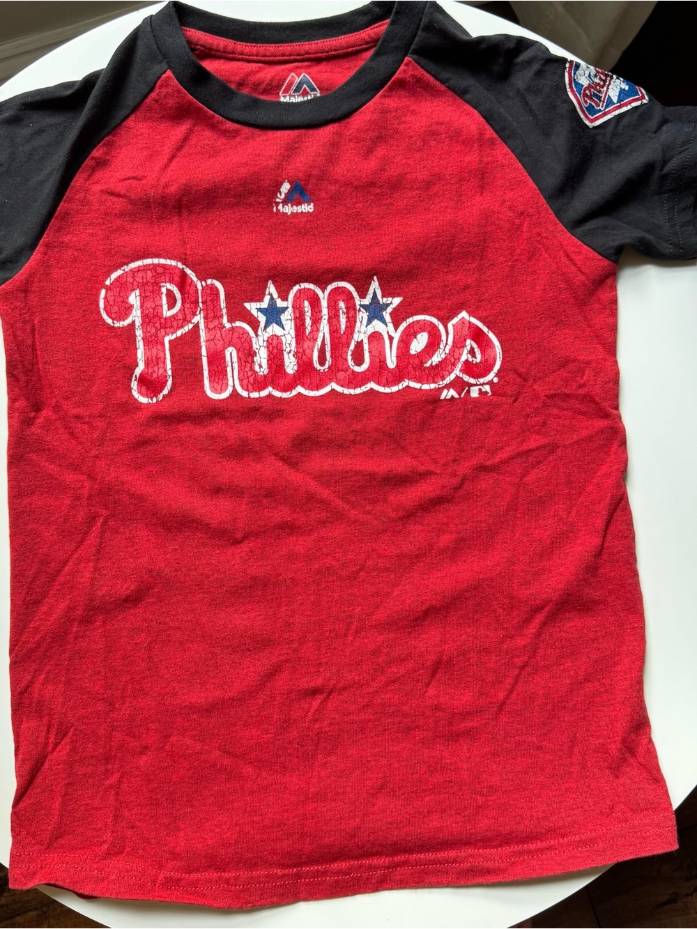 Vintage Majestic Phillies Kids Raglan Tee - Red with Black Sleeves